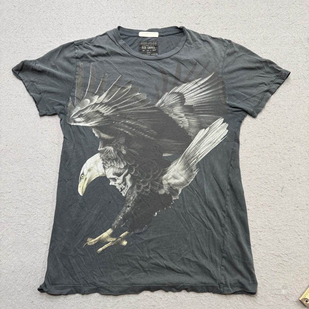AllSaints Eagle T-Shirt Mens Small Gray Skull Graphic Slim Grunge Streetwear Y2K